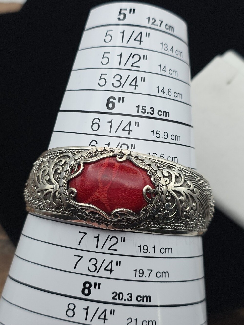 Sarda 925 Sterling Silver Red Sponge Coral Bali Cuff Bracelet Bold Statement - Picture 5 of 13